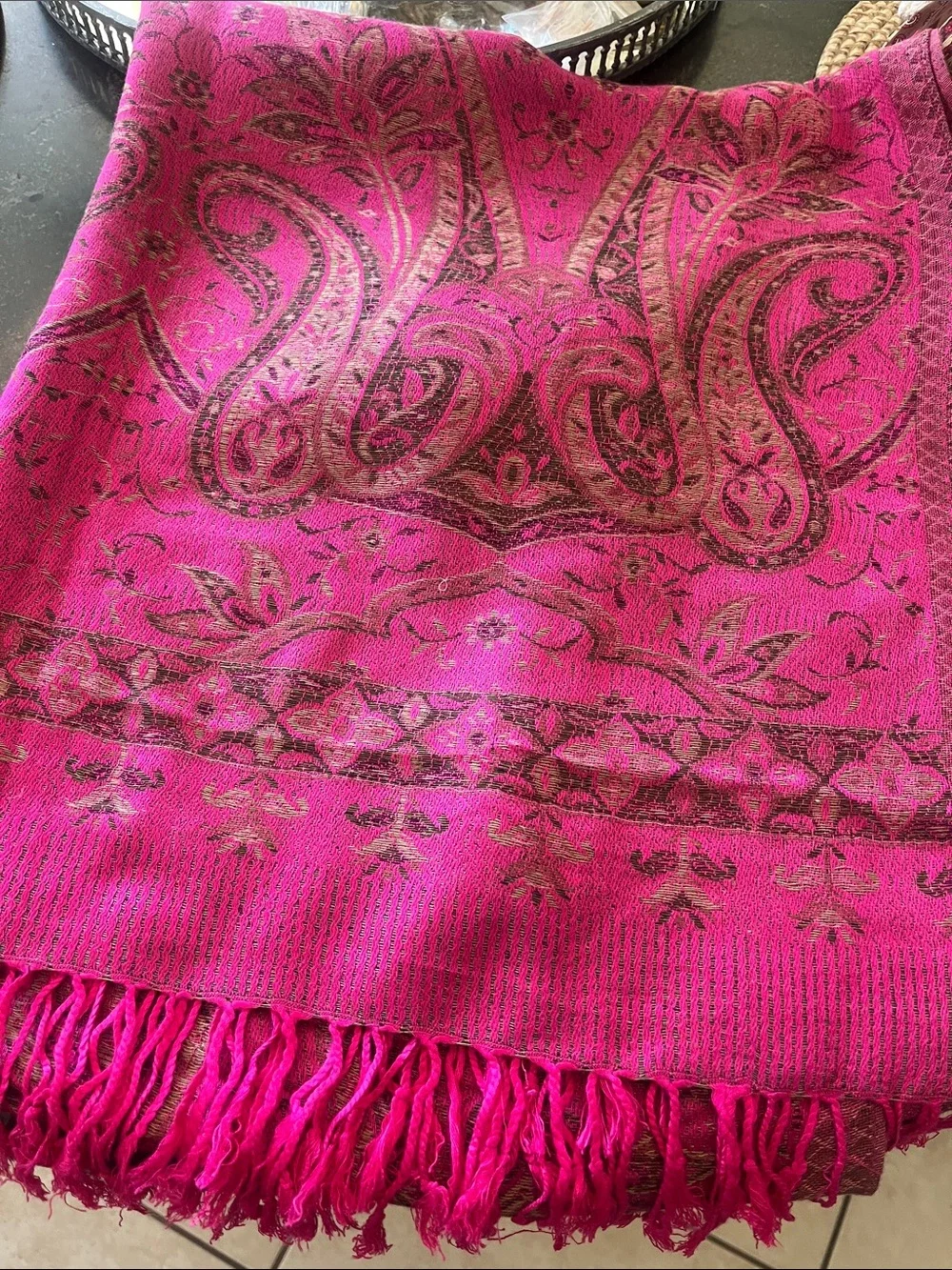 Pink Paisley print pashmina and silk scarf/wrap with fringe. EUC. 28